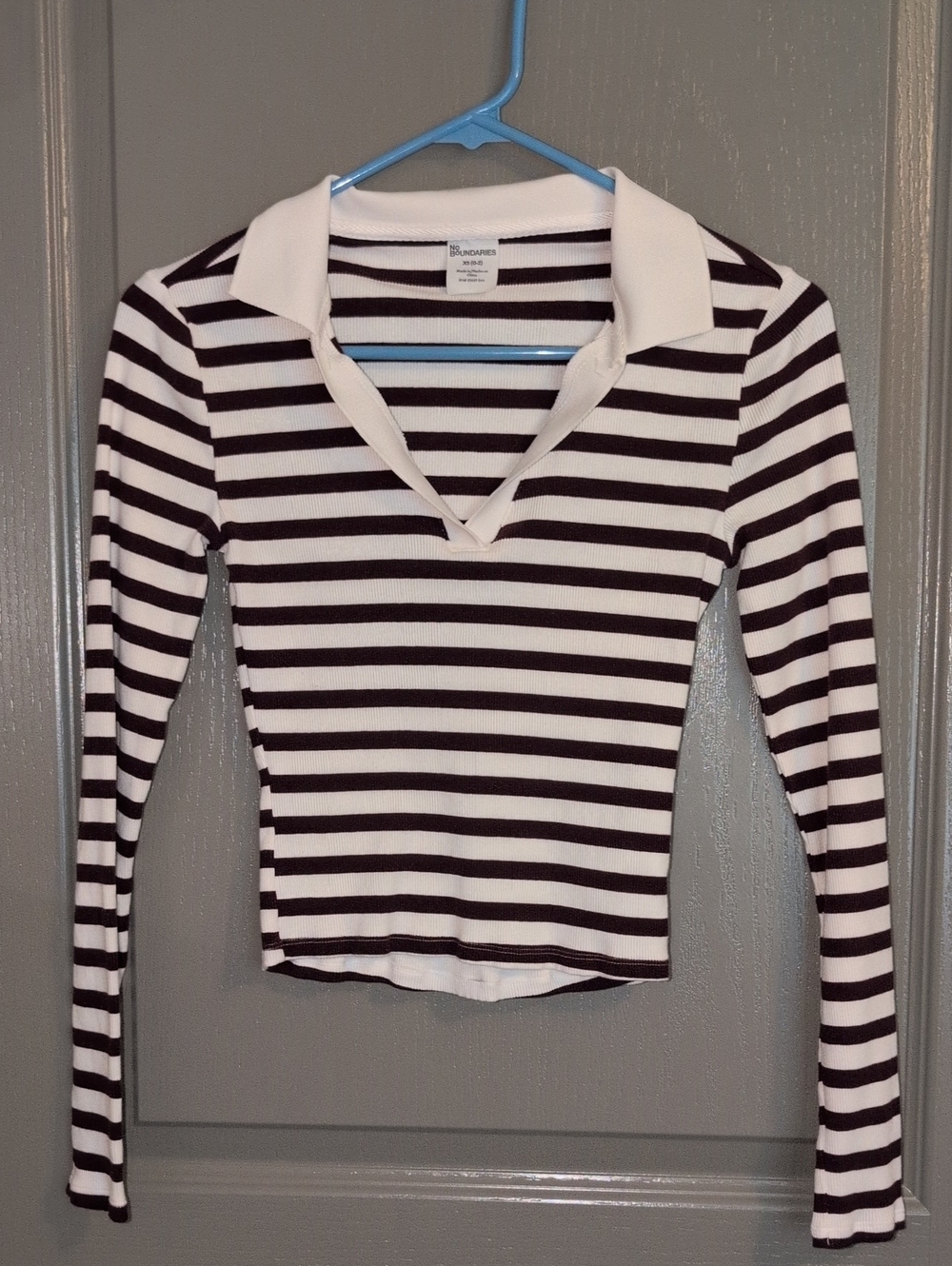 No Boundaries Bufgandy and White Striped Long Sleeve Collared Tee
